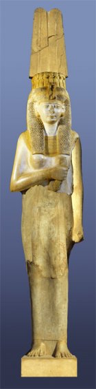 Proposition de reconstitution de la statue de la reine blanche (i.e. Merytamon), en s'inspirant du colosse de la reine découvert à Akhmîm. 