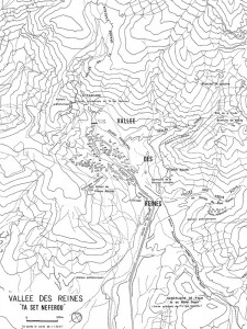 Carte topographique de la "Vallée des Reines", avec l'implantation des tombes. (D'après document de l'Institut Géographique National de Paris, mis à jour en 1988 par Yves Laurent.)